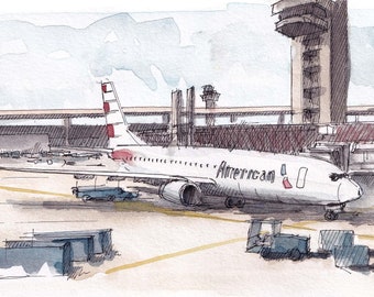 DFW AMERICAN AIRLINES - Dallas Airport Travel Art Print, Watercolor Painting Print, Wanderlust Art, Jet Plane Airliner