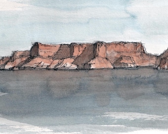 LAKE POWELL ART - Plein Air Ink and Watercolor Painting Art Print, Lake Powell Houseboat Art, Drawn There