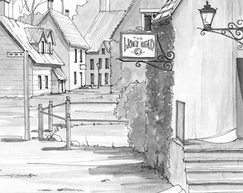 THE INVISIBLE MAN (1933) -  Inspired by The Lions Head Pub, Classic Black and White Movie Art, English Pub Village Art, Classic Horror Movie