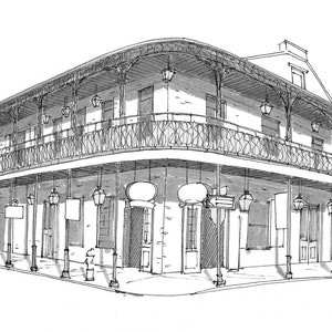 BOURBON STREET Nueva Orleans, Barrio Francés - Balcón, Barandilla de hierro, Arquitectura, Pluma y tinta, Dibujo, Cuaderno de bocetos, Arte, Dibujado allí