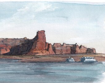 LAKE POWELL ART - Plein Air Ink and Watercolor Painting Art Print, Lake Powell Houseboat Art, Drawn There