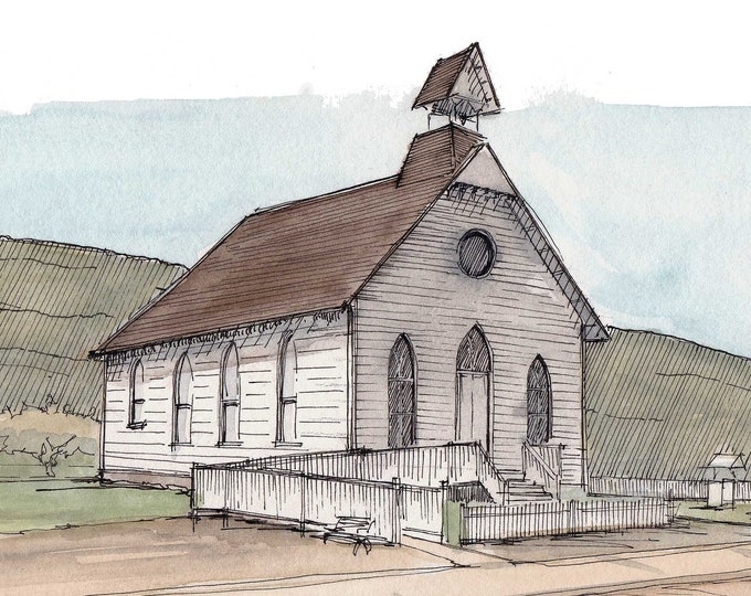 PIONEER CHURCH - Arizona Pioneer Living History Museum, Architecture, Ink and Watercolor, Painting, Drawing, Sketchbook, Drawn There