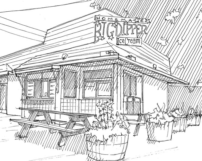 BIG DIPPER Ice Cream Stand in Missoula, Montana - Homemade Ice Cream Flavors, Summer, Pen and Ink Drawing, Urbansketcher, Art, Drawn There