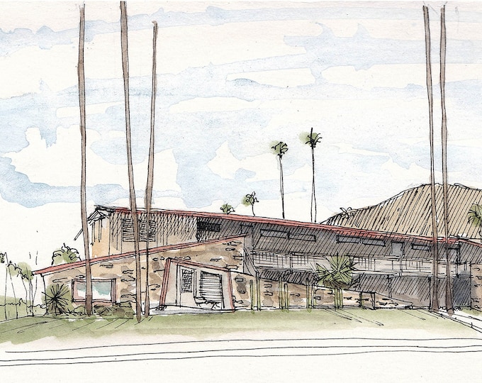 PALM SPRINGS, California - Ink and Watercolor, Art Prints, Drawing, Architecture, Mid-Century Modern, Design, Hotel, Del Marcos