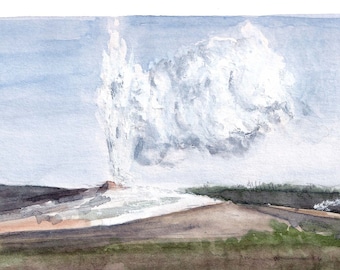 YELLOWSTONE OLD FAITHFUL - Plein Air Watercolor Painting Wall Art, National Park Road Trip Art, Wyoming Watercolor Sketchbook, Drawn There