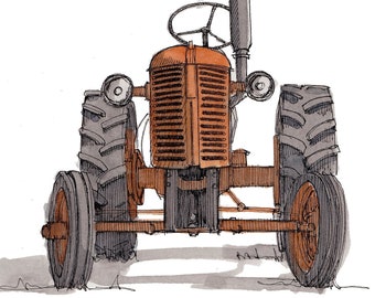 ORANGE VINTAGE TRACTOR - Farm, Farming, Ford, John Deere, Ink and Watercolor, Painting, Drawing, Sketchbook, Drawn There