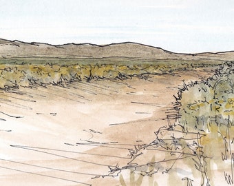 DESERT DIRT ROAD - Joshua Tree, California, National Park, Landscape, Flowers, Ink & Watercolor, Painting, Drawing, Sketchbook, Drawn There