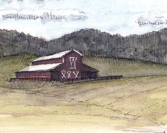 VIRGINIA HORSE FARM - Barn, Pasture, Meadow, Rural, Fields, Nature, Landscape Watercolor Painting, Drawing, Sketchbook Art, Drawn There