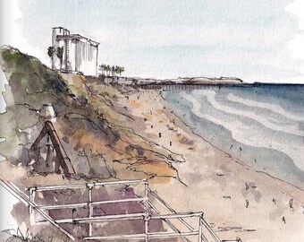PACIFIC BEACH STAIRS - San Diego, California, Ocean, Dunes, Waves, Surfing, Plein Air Watercolor Painting Sketchbook Art, Drawn There