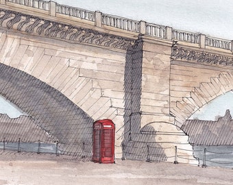 LONDON BRIDGE, Lake Havasu, Arizona - British Phonebooth, Plein Air Watercolor Painting, Drawing, Sketchbook, Art Print, Drawn There