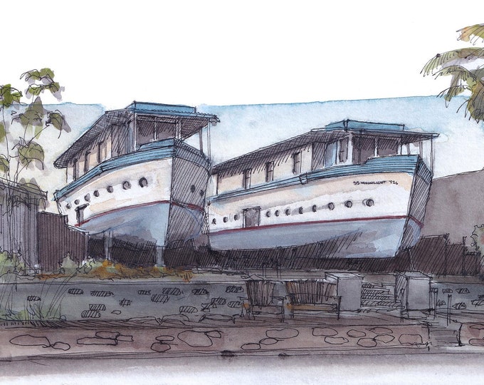 ENCINITAS BOAT HOUSES - Ink and Watercolor Painting, Beach Town Wall Art Print, Quirky Architecture, Encinitas California, Drawn There