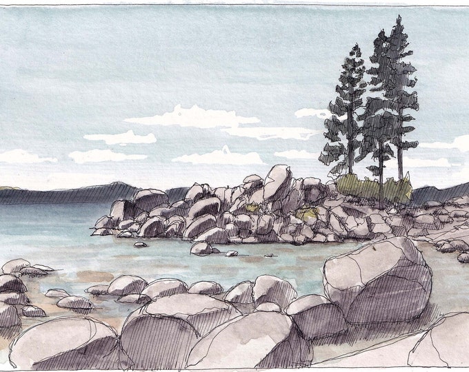 LAKE TAHOE PAINTING - Sand Harbor Rocks, Water, Trees, Ink and Watercolor Painting, Drawing, Nature, Keep Tahoe Blue, Art Print, Drawn There