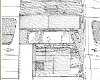 CONVERTED SPRINTER VAN Interior - Vanlife, VanThere, Mercedes Sprinter, Camper Van, Pen and Ink, Drawing, Line Drawing, Drawn There