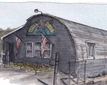 THILL & SONS Fish House - Lake Superior Marquette MIchigan, Urbansketcher, Plein Air Ink and Watercolor Painting, Drawing, Art, Drawn There