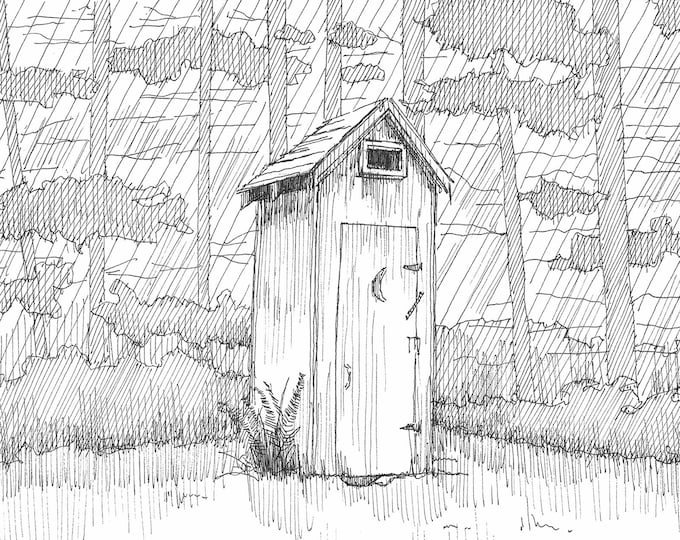 OLYMPIC HOT SPRINGS Outhouse - National Park, Nature Calls, Toilet, Bathroom Art, Cabin, Trees, Pen and Ink Drawing, Drawn There