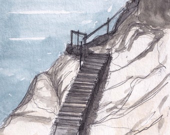 PISMO BEACH STAIRS - California, Steps, Watercolor Painting, Drawing, Sketchbook, Art Print, Drawn There
