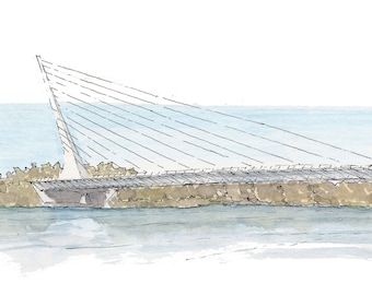 SUNDIAL BRIDGE, Redding, California -  Watercolor Painting, Drawing, Architecture, Plein Air, Calatrava, Engineering, Drawn There