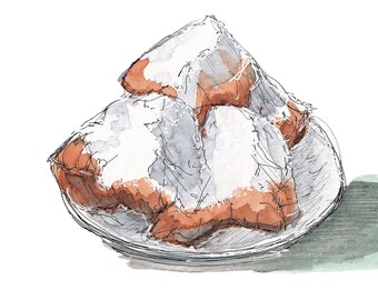 CAFE Du MONDE BEIGNETS - Jackson Square, Fried Pastry, Pastries, Powdered Sugar, Drawing, Watercolor, Painting, Sketchbook, Art, Drawn There