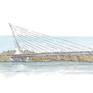 May include: Watercolor illustration of the Sundial Bridge, a cable-stayed bridge. The bridge is gray with a white support tower and is set against a blue sky and water. The text "SUNDIAL BRIDGE (front)" is at the bottom.