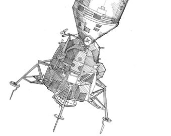 APOLLO SPACECRAFT - Command Module, Lunar Module, Space Travel, Astronauts, Moon Landing, NASA, Drawing, Pen & Ink, Sketchbook, Drawn There