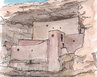 MONTEZUMA CASTLE National Monument - Arizona, Pueblo, Pen and Ink, Drawing, Watercolor, Painting, Sketchbook, Art Print, Drawn There