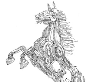 MECHANICAL HORSE - Sculpture, Metal Working, Art, Stallion, Black Rock City, Drawing, Pen and Ink, Sketchbook, Drawn There
