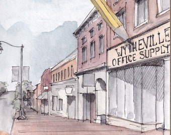 GIANT PENCIL in Wytheville, Virginia - Main Street, Office Supply, Urbansketcher, Watercolor Painting, Drawing, Sketchbook, Art, Drawn There