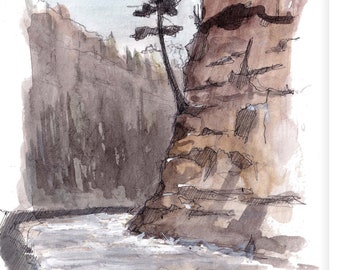 COLORADO CRYSTAL RIVER - Watercolor Painting of Tree Overhanging River Rapids, Plein Air Sketchbook Painting, Art Print, Drawn There