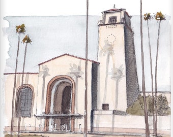LOS ANGELES CALIFORNIA Union Train Station - Plein Air Ink and Watercolor Painting Art Print, Los Angeles Architecture Wall Art, Drawn There