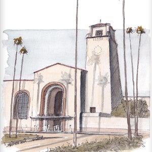 LOS ANGELES CALIFORNIA Union Train Station - Plein Air Ink and Watercolor Painting Art Print, Los Angeles Architecture Wall Art, Drawn There