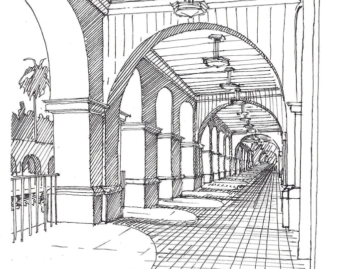 BALBOA PARK COLONNADE - San Diego, Architecture, Arch, Walkway, Pen and Ink, Drawing, Sketchbook, Art, Drawn There