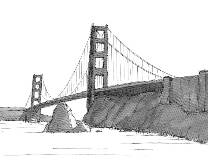 GOLDEN GATE BRIDGE - San Francisco, Bay, California, Drawing, Pen and Ink, Black and White, Sketchbook, Drawn There, Art Print, Pelican