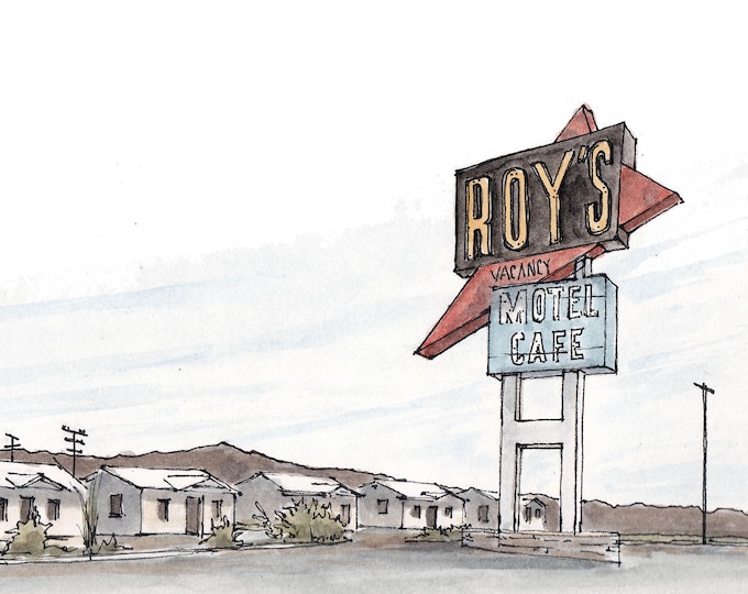 ROUTE 66 ROYS Motel and Cafe - Classic, Vintage, Neon Sign, Roadside, Roadtrip, Ink & Watercolor, Painting, Drawing, Sketchbook, Drawn There