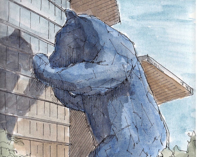 BIG BLUE BEAR - Denver, Colorado, I See What You Mean, Convention Center, Public Art, Drawing, Watercolor, Painting, Sketchbook, Drawn There