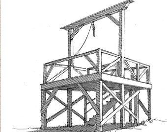 PIONEER GALLOWS- Arizona Pioneer Living History Museum, Law Enforcement, Ink and Watercolor, Painting, Drawing, Sketchbook, Drawn There