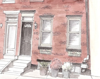 PHILADELPHIA ROWHOME - Row House, Fairmount, Brick Architecture, Drawing, Painting, Ink and Watercolor, Art, Print, Drawn There