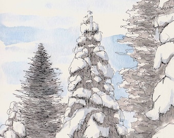 SNOW COVERED TREE near Lake Tahoe, California - Ink and Watercolor, Winter, Painting, Drawing, Art, Sktech, Drawn There