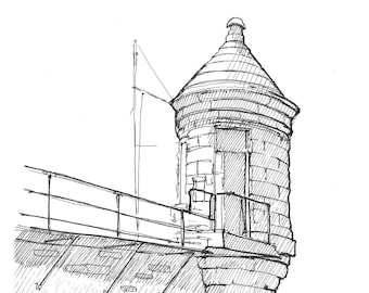 STONE PRISON WALL - Turret, Architecture, Pen and Ink, Drawing, Hatching, Line Drawing, Sketchbook, Art, Drawn There