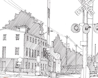 MAIN HOTEL - Hatfield, Pennsylvania, Cowpath, Small Town, Railroad Crossing, Pen and Ink, Drawing, Sketchbook, Art, Drawn There