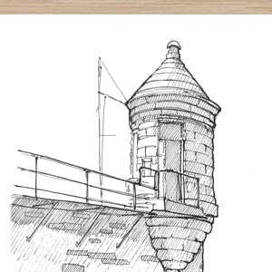 STONE PRISON WALL - Turret, Architecture, Pen and Ink, Drawing, Hatching, Line Drawing, Sketchbook, Art, Drawn There