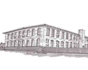 COTTON MILL - McKinney, Texas, Abandoned, Factory, Architecture, Ink Drawing, Sketch, Black and White, Line Drawing, Drawn There