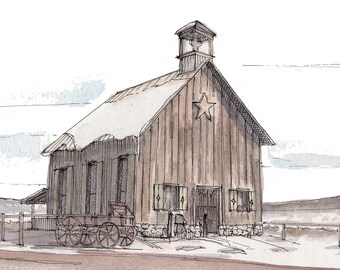 MORMON BARN BUILDING Utah - Rustic, Wedding Venue, Architecture, Ink and Watercolor, Drawing, Painting, Sketchbook, Art Print, Drawn There