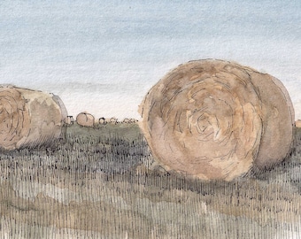 ROUND HAY BALES - Field, Ranch, Farm, Livestock, Agriculture, Watercolor Landscape Painting, Drawing, Art Print, Sketchbook, Drawn There