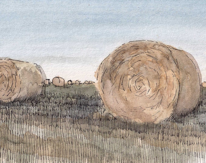 ROUND HAY BALES - Field, Ranch, Farm, Livestock, Agriculture, Watercolor Landscape Painting, Drawing, Art Print, Sketchbook, Drawn There