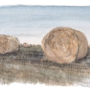ROUND HAY BALES - Field, Ranch, Farm, Livestock, Agriculture, Watercolor Landscape Painting, Drawing, Art Print, Sketchbook, Drawn There
