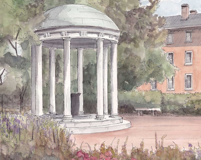 UNC OLD WELL - University of North Carolina, College Campus, Ink and Watercolor Painting, Drawing, Architecture Art Print, Drawn There