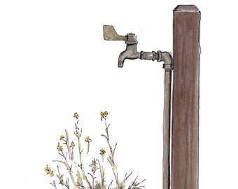 SPIGOT & WILDFLOWERS - Pinyon Flats Campground, Palm Springs, Water, Flowers, Ink and Watercolor, Painting, Drawing, Sketchbook, Drawn There