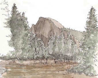 HALF DOME, YOSEMITE National Park - River Reflection, Hiking, Valley, Landscape, Drawing, Watercolor Painting, Sketchbook, Art, Drawn There