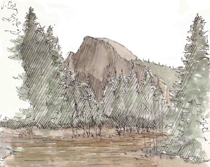 HALF DOME, YOSEMITE National Park - River Reflection, Hiking, Valley, Landscape, Drawing, Watercolor Painting, Sketchbook, Art, Drawn There