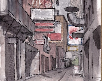 NASHVILLE PRINTERS ALLEY - Bars, Nightlife, Downtown, Tennessee, Urbansketcher, Watercolor Painting, Drawing, Sketchbook, Art, Drawn There